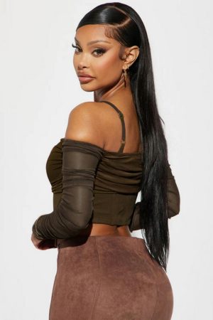 Women's Sexy Mesh See-Through Off-the-Shoulder Long Sleeve Fitted T-Shirt with Irregular Waist-Cinching Design, Y2K Fashion
