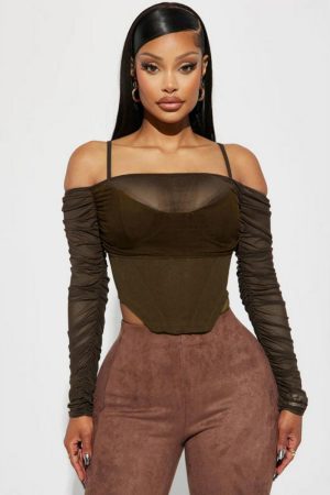 Women's Sexy Mesh See-Through Off-the-Shoulder Long Sleeve Fitted T-Shirt with Irregular Waist-Cinching Design, Y2K Fashion
