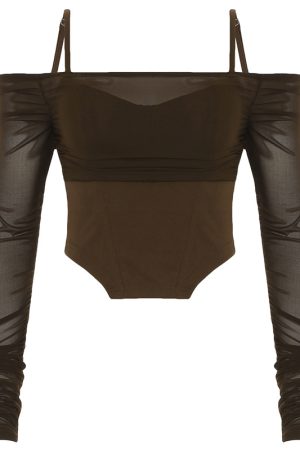Women's Sexy Mesh See-Through Off-the-Shoulder Long Sleeve Fitted T-Shirt with Irregular Waist-Cinching Design, Y2K Fashion