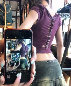 Women's Sexy Off-Shoulder Backless Short Sleeve T-Shirt - Summer Slim Fit Flattering Red Top - Trendy Y2K Style