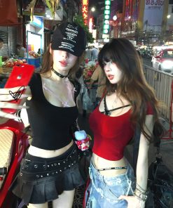 Women's Sexy Off-Shoulder Backless Short Sleeve T-Shirt - Summer Slim Fit Flattering Red Top - Trendy Y2K Style