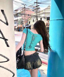 Women's Sexy Off-Shoulder Backless Short Sleeve T-Shirt - Summer Slim Fit Flattering Red Top - Trendy Y2K Style