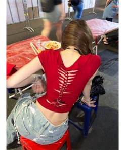 Women's Sexy Off-Shoulder Backless Short Sleeve T-Shirt - Summer Slim Fit Flattering Red Top - Trendy Y2K Style