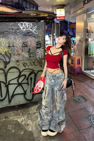 Women's Sexy Off-Shoulder Backless Short Sleeve T-Shirt - Summer Slim Fit Flattering Red Top - Trendy Y2K Style