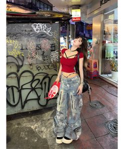 Women's Sexy Off-Shoulder Short Sleeve Backless T-Shirt, Slim Fit Summer Top, Flattering Red Style, Y2K Fashion