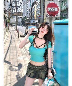 Women's Sexy Off-Shoulder Short Sleeve Backless T-Shirt, Slim Fit Summer Top, Flattering Red Style, Y2K Fashion