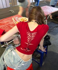 Women's Sexy Off-Shoulder Short Sleeve Backless T-Shirt, Slim Fit Summer Top, Flattering Red Style, Y2K Fashion