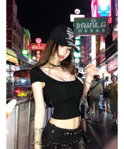 Women's Sexy Off-Shoulder Short Sleeve Backless T-Shirt, Slim Fit Summer Top, Flattering Red Style, Y2K Fashion