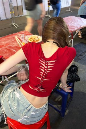 Women's Sexy Off-Shoulder Short Sleeve Backless T-Shirt, Slim Fit Summer Top, Flattering Red Style, Y2K Fashion