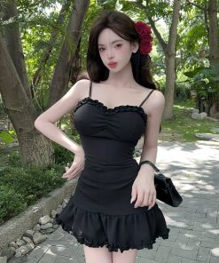 Women's Sexy V-Neck Slim-Fit Mermaid Slip Dress with Ruffled Hem for Nightclub and Work – Waist-Cinching Design