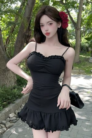 Women's Sexy V-Neck Slim-Fit Mermaid Slip Dress with Ruffled Hem for Nightclub and Work â€“ Waist-Cinching Design