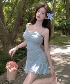 Women's Sexy V-Neck Slim-Fit Mermaid Slip Dress with Ruffled Hem for Nightclub and Work – Waist-Cinching Design