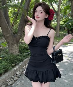 Women's Sexy V-Neck Slim-Fit Mermaid Slip Dress with Ruffled Hem for Nightclub and Work – Waist-Cinching Design