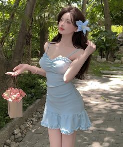 Women's Sexy V-Neck Slim-Fit Mermaid Slip Dress with Ruffled Hem for Nightclub and Work – Waist-Cinching Design