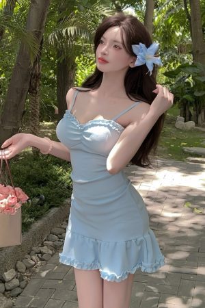 Women's Sexy V-Neck Slim-Fit Mermaid Slip Dress with Ruffled Hem for Nightclub and Work â€“ Waist-Cinching Design