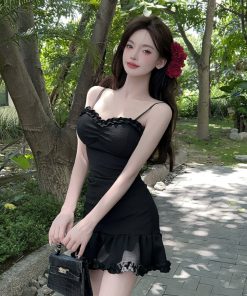 Women's Sexy V-Neck Slim-Fit Mermaid Slip Dress with Ruffled Hem for Nightclub and Work – Waist-Cinching Design