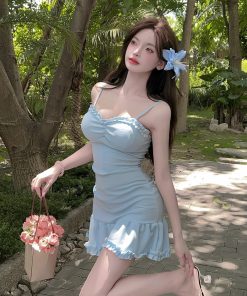 Women's Sexy V-Neck Slim-Fit Mermaid Slip Dress with Ruffled Hem for Nightclub and Work â€“ Waist-Cinching Design