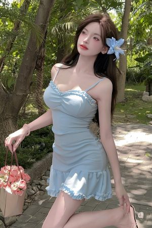 Women's Sexy V-Neck Slim-Fit Mermaid Slip Dress with Ruffled Hem for Nightclub and Work â€“ Waist-Cinching Design