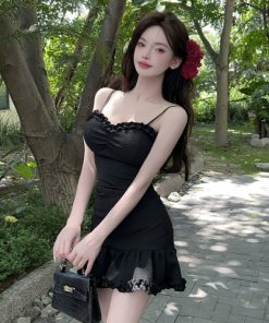 Women's Sexy V-Neck Slim-Fit Mermaid Slip Dress with Ruffled Hem for Nightclub and Work â€“ Waist-Cinching Design