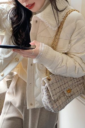 Women's Short Down Jacket with Small Check Pattern, Warm Cotton Coat for Winter, Chic High-End Style, Niche Fashion Outerwear