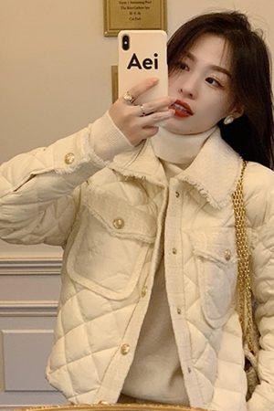 Women's Short Down Jacket with Small Check Pattern, Warm Cotton Coat for Winter, Chic High-End Style, Niche Fashion Outerwear