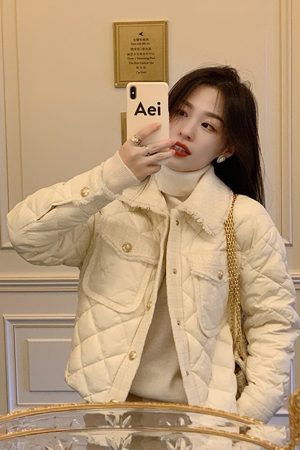 Women's Short Down Jacket with Small Check Pattern, Warm Cotton Coat for Winter, Chic High-End Style, Niche Fashion Outerwear