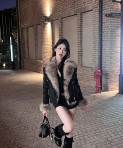 Women's Short Thick Eco-Friendly Suede Fur Coat with Lapel - Winter Jacket for Chic Style