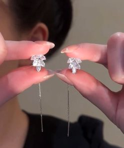 Women's Silver Maple Leaf Ear Thread Earrings - Light Luxury High-Quality Temperament Ear Clips - Trendy 2025 Fashion Accessories