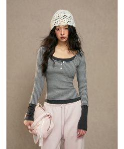 Women's Slim-Fit Long Sleeve T-Shirt, Faux Two-Piece Design, Autumn Winter 2025 Trend, Casual Chic Top