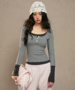 Women's Slim-Fit Long Sleeve T-Shirt, Faux Two-Piece Design, Autumn Winter 2025 Trend, Casual Chic Top