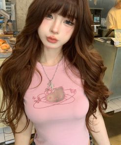 Women's Slim Fit Pink Cat Lace Embroidery T-Shirt - Summer Short Sleeve Waist-Defining Top for Hot Girls, Y2K Style