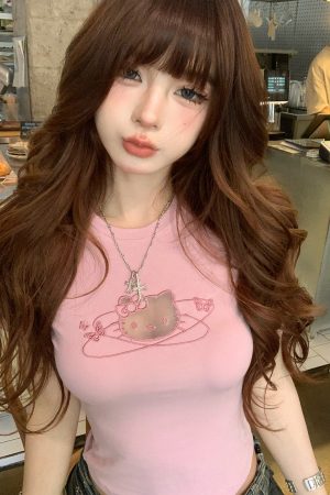 Women's Slim Fit Pink Cat Lace Embroidery T-Shirt - Summer Short Sleeve Waist-Defining Top for Hot Girls, Y2K Style