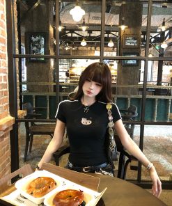 Women's Slim Fit Pink Cat Lace Embroidery T-Shirt - Summer Short Sleeve Waist-Defining Top for Hot Girls, Y2K Style