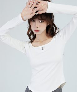 Women's Slim Fit Square Neck White Long Sleeve T-Shirt - Spicy Girl Inner Layer Base Top for Autumn Fashion