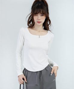 Women's Slim Fit Square Neck White Long Sleeve T-Shirt - Spicy Girl Inner Layer Base Top for Autumn Fashion