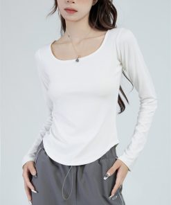 Women's Slim Fit Square Neck White Long Sleeve T-Shirt - Spicy Girl Inner Layer Base Top for Autumn Fashion