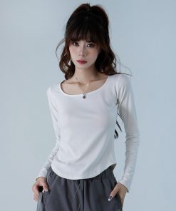 Women's Slim Fit Square Neck White Long Sleeve T-Shirt - Spicy Girl Inner Layer Base Top for Autumn Fashion
