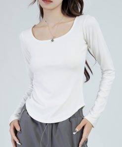 Women's Slim Fit Square Neck White Long Sleeve T-Shirt - Spicy Girl Inner Layer Base Top for Autumn Fashion