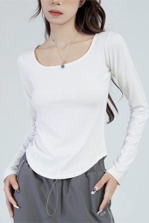 Women's Slim Fit Square Neck White Long Sleeve T-Shirt - Spicy Girl Inner Layer Base Top for Autumn Fashion