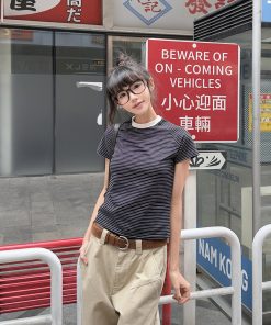 Women's Slim Fit Striped Shoulder T-Shirt, Short Sleeve, Versatile Top, American Vintage Style, Casual 90s Inspired Fashion