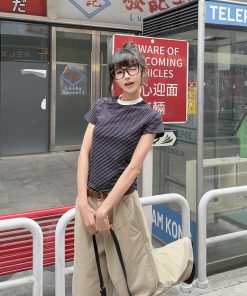 Women's Slim Fit Striped Shoulder T-Shirt, Short Sleeve, Versatile Top, American Vintage Style, Casual 90s Inspired Fashion