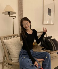 Women's Slim-Fit U-Neck Long Sleeve T-Shirt in Black, White, Gray - Basic Knitted Layer Top for Casual Style