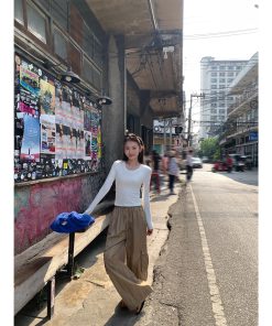 Women's Slim-Fit U-Neck Long Sleeve T-Shirt in Black, White, Gray - Basic Knitted Layer Top for Casual Style