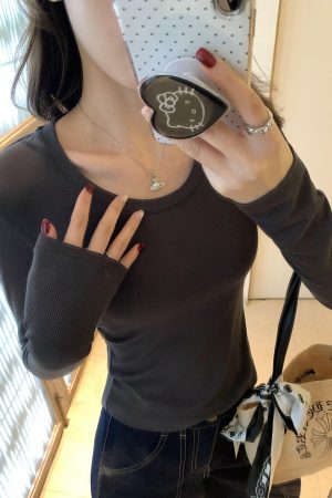 Women's Slim-Fit U-Neck Long Sleeve T-Shirt in Black, White, Gray - Basic Knitted Layer Top for Casual Style