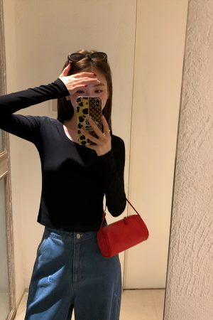 Women's Slim-Fit U-Neck Long Sleeve T-Shirt in Black, White, Gray - Basic Knitted Layer Top for Casual Style