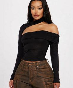 Women's Solid Color Off-Shoulder Halter T-Shirt with Irregular Hollow Out Design - Fashionable Autumn Street Style Top