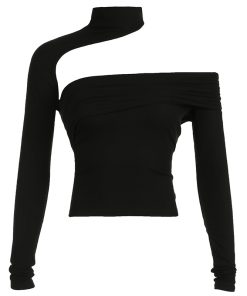 Women's Solid Color Off-Shoulder Halter T-Shirt with Irregular Hollow Out Design - Fashionable Autumn Street Style Top