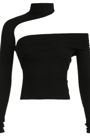 Women's Solid Color Off-Shoulder Halter T-Shirt with Irregular Hollow Out Design - Fashionable Autumn Street Style Top