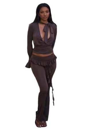 Women's Solid Color Ruffle Ribbon Knit Flared Slim Fit Pencil Pants - Casual Autumn Style, Perfect for Street Fashion