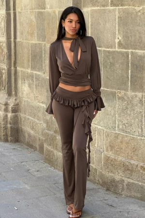 Women's Solid Color Ruffle Ribbon Knit Flared Slim Fit Pencil Pants - Casual Autumn Style, Perfect for Street Fashion